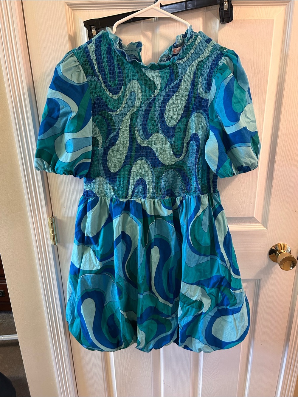 Blue Multi-Print Smocked Midi Dress